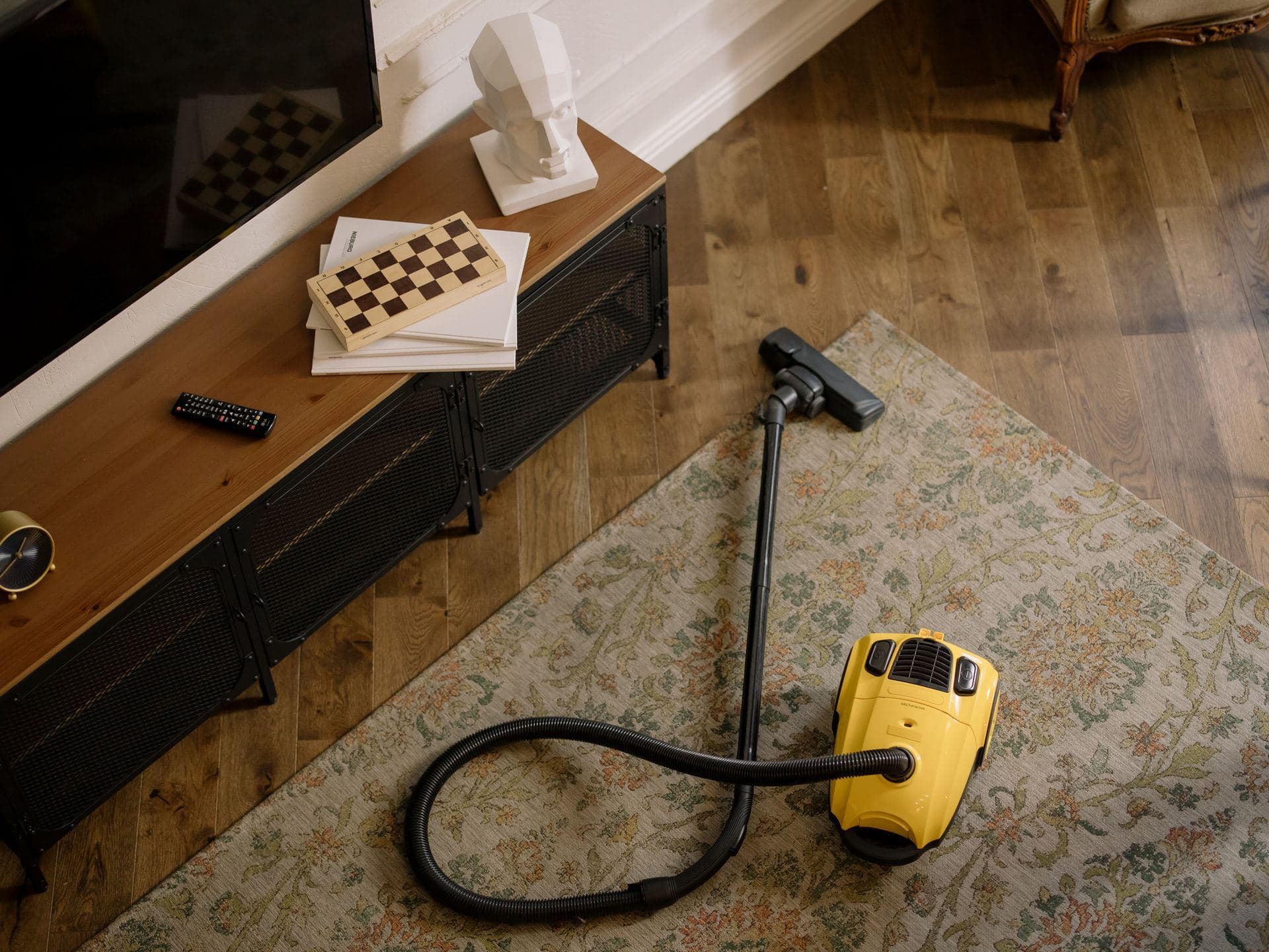 Vacuum cleaner on a patterned rug in a living room