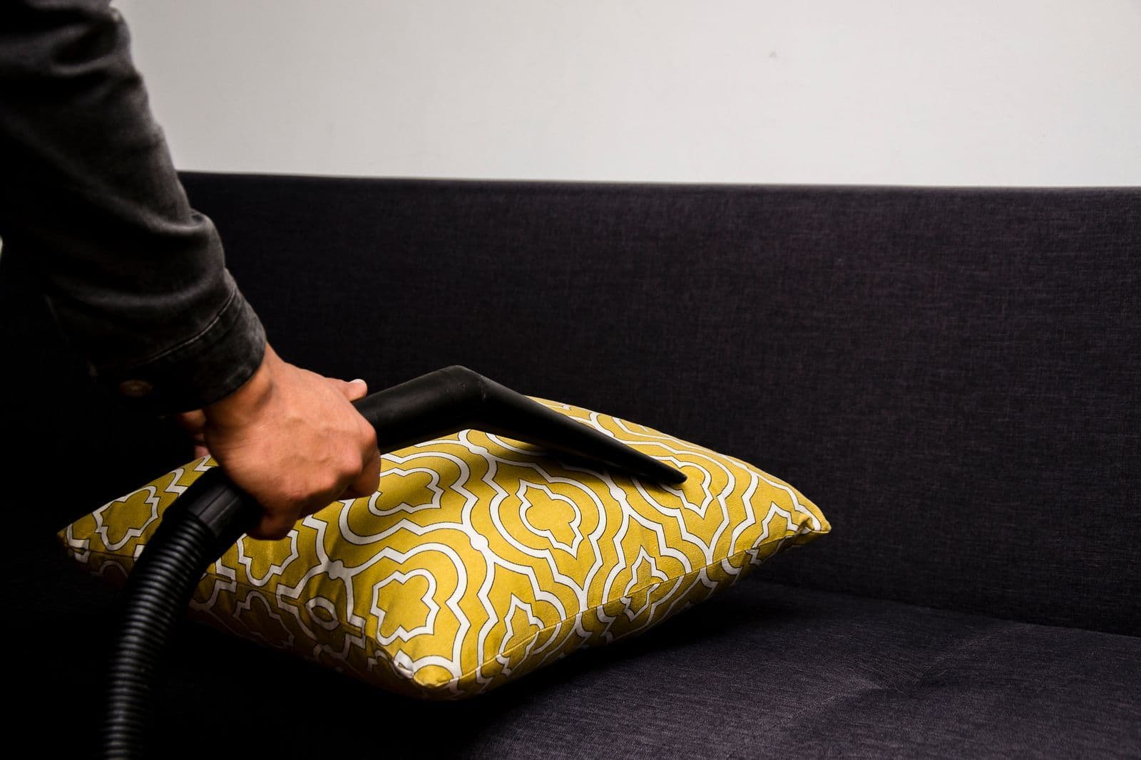Patterned sofa cushion being vacuumed