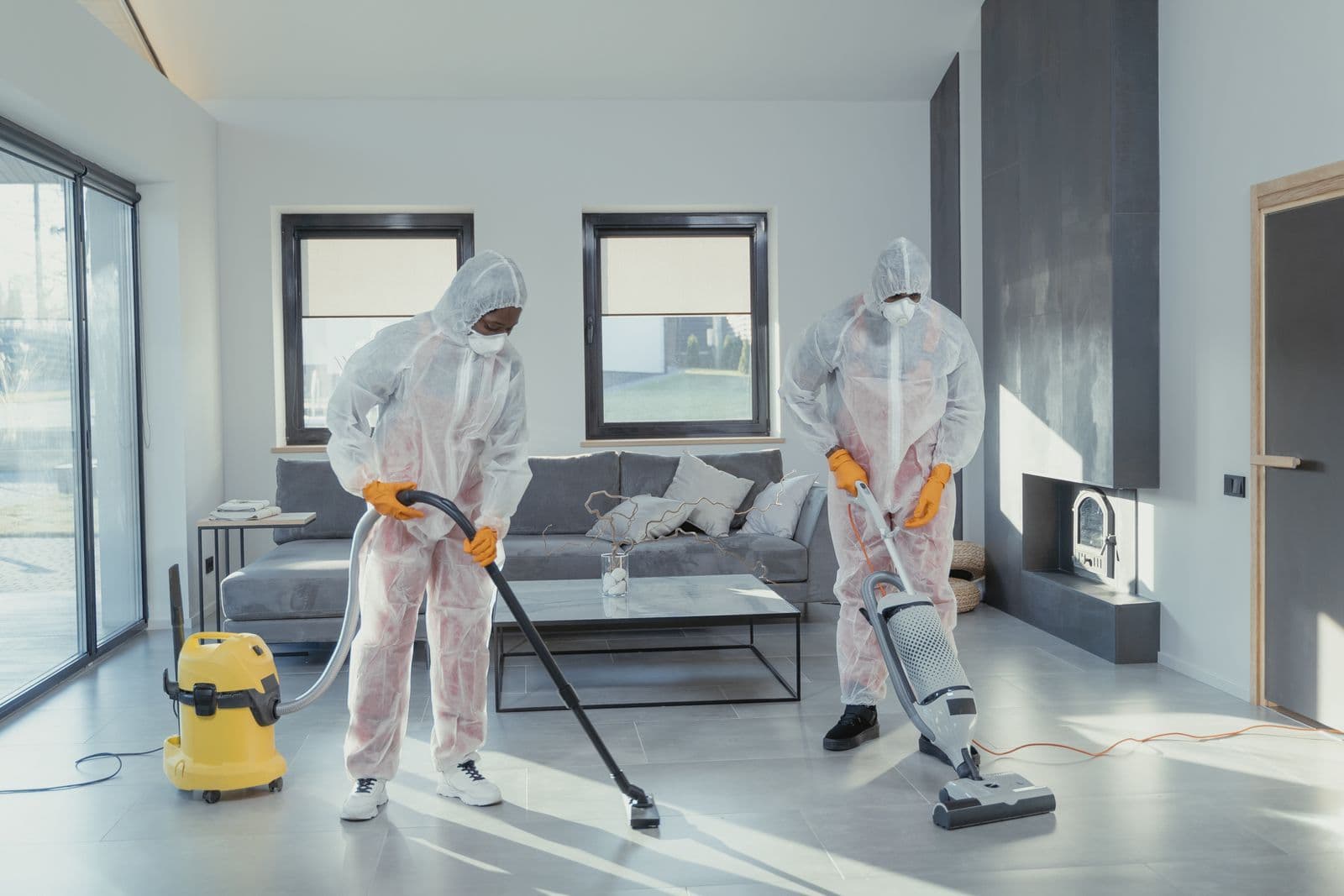 Two cleaners in protective suits vacuuming and sanitising a living room