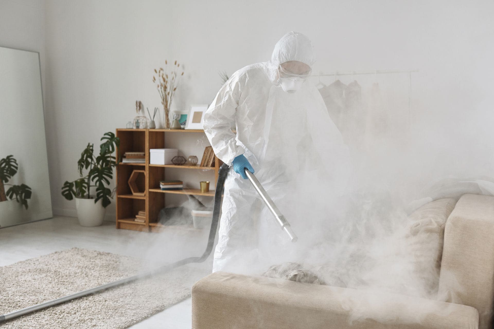 Technician steam-sanitising a fabric sofa